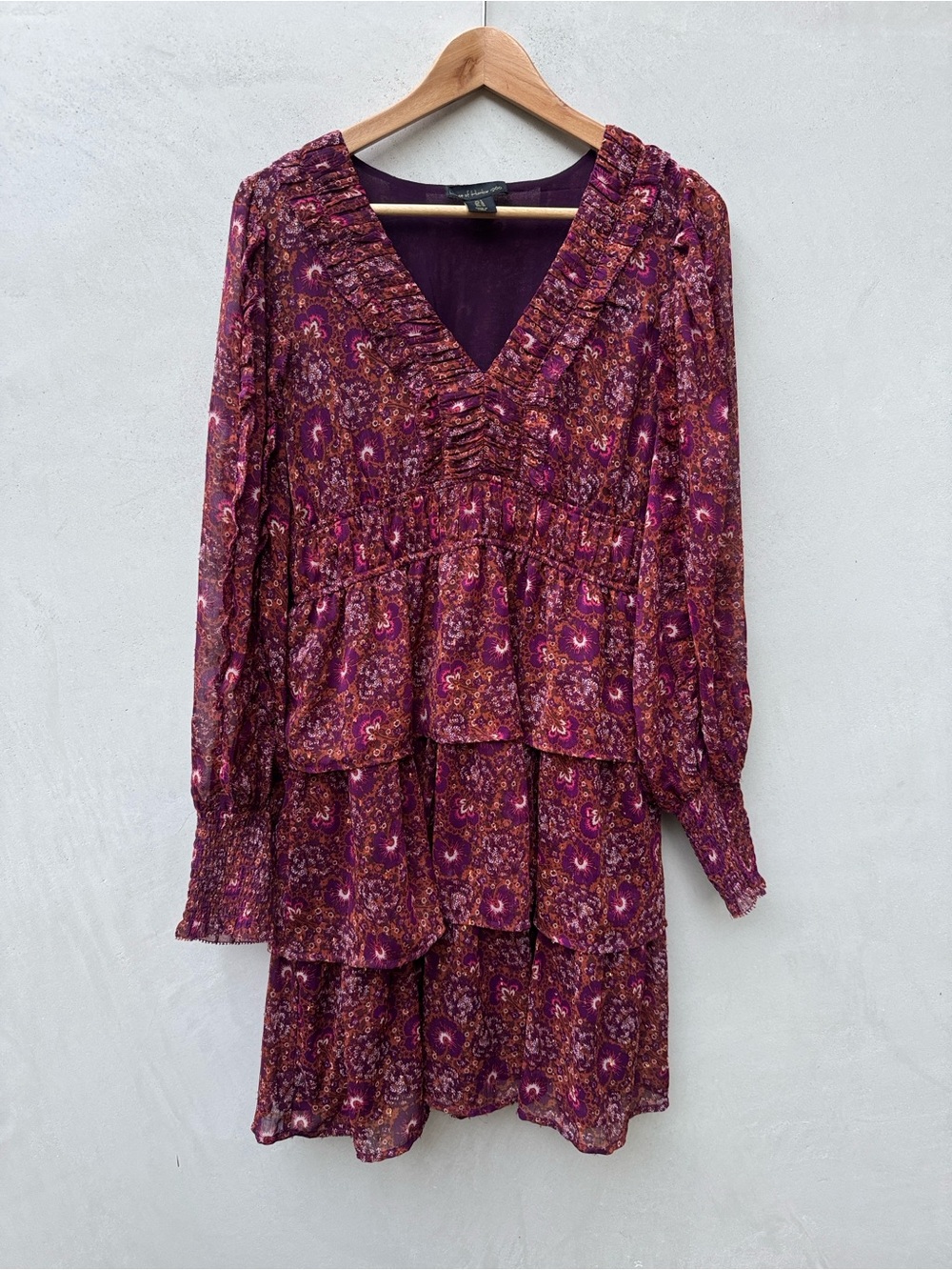 House of Harlow 1960 Floral Tiered Ruffle Mini Dress Size 6 Burgundy